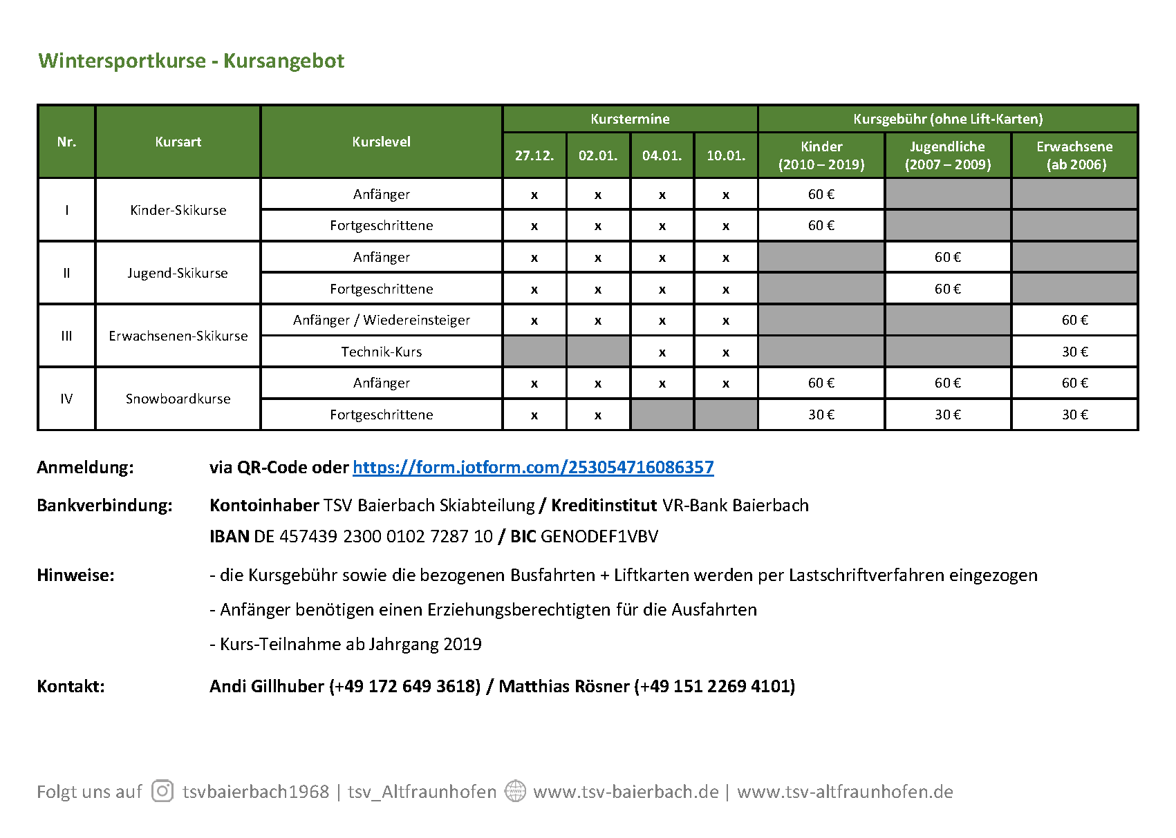 Überblick Wintersportkurse